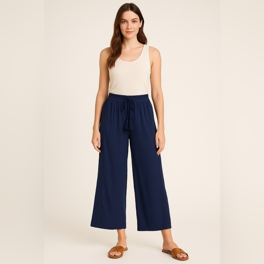 Studio JPR Navy Wide Leg Pants XL Smocked Waist Tassel Drawstring Boho Beach - Picture 2 of 11